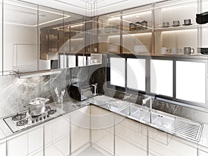 modern kitchen room interior design, 3d