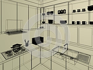 modern kitchen room interior design, 3d