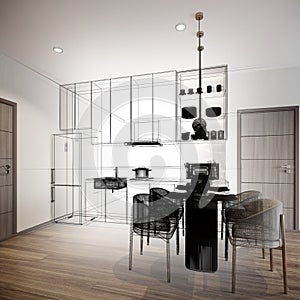 modern kitchen room interior design, 3d