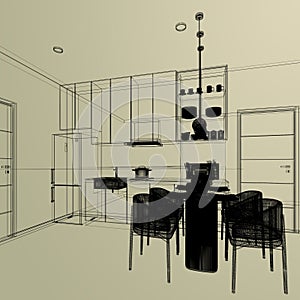 modern kitchen room interior design, 3d