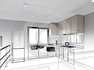 modern kitchen room interior design, 3d