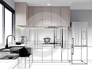 modern kitchen room interior design, 3d