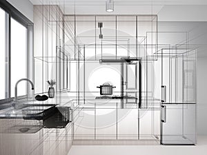 modern kitchen room interior design, 3d