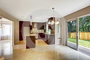 Modern kitchen room with matte brown cabinets and exit to backyard