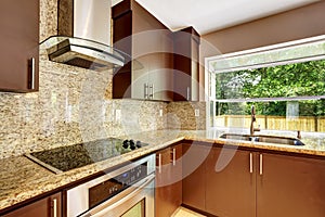 Modern kitchen room with matte brown cabinets and granite trim.