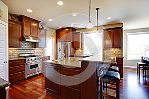 Modern kitchen room with oak cabinets