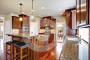 Modern kitchen room with oak cabinets