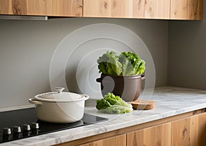 Modern Kitchen Scene with Ceramic Cookware and Fresh Vegetables