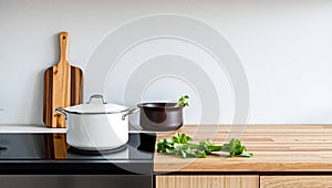 Modern Kitchen Setup with Fresh Vegetables and Cooking Essentials