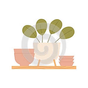 A modern kitchen shelf with a house plant in a stylish pot, plates and soup bowls. Cozy home decor with kitchen utensils
