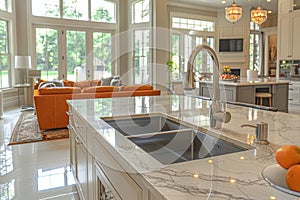 A modern kitchen showcasing efficient water fixtures like low-flow faucets. AI generated.