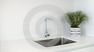 Modern kitchen sink and faucet with decorative flowers.