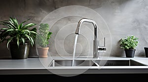 Modern kitchen sink and tap with running water and plant on grey wall background
