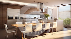 Modern kitchen with sitting and dining area. Beautiful white massive dining table. generative ai