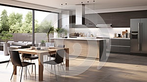 Modern kitchen with sitting and dining area. Beautiful white massive dining table. generative ai