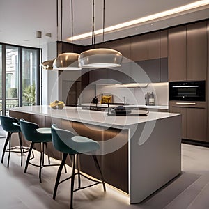 A modern kitchen with sleek appliances, a large island, and pots and pans hanging overhead1