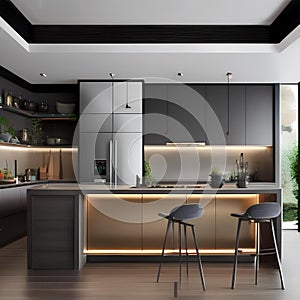 A modern kitchen with sleek appliances, a large island, and pots and pans hanging overhead2