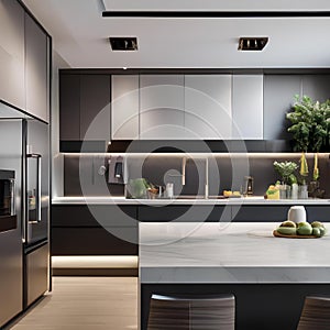 A modern kitchen with sleek appliances, a large island, and pots and pans hanging overhead4