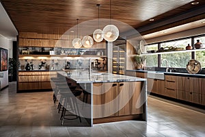 modern kitchen with sleek lines, colorful accents and japanese inspired elements