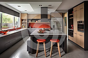 modern kitchen with sleek lines, colorful accents and japanese inspired elements