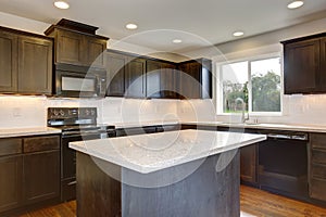 Modern kitchen with stained cabinets.