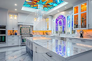 Modern Kitchen with Stained Glass Ceiling and Windows