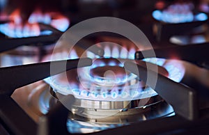 Modern kitchen stove cook with blue flames burning, gas burner, closeup