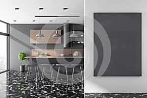 Modern kitchen studio interor and blank black banner
