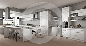 A modern kitchen with white cabinets and a center island created with Generative AI technology