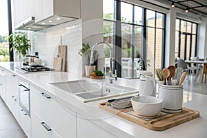 Modern kitchen with white counters and sink