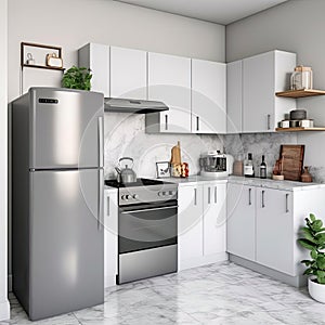 Modern kitchen with white and gray walls, white cupboards, and white appliances