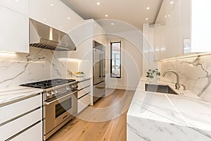 Modern Kitchen With White Marble Countertops and Stainless Steel Appliances