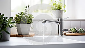 Modern kitchen with white wall tiles, sink and tap with running water and green plants on white countertop