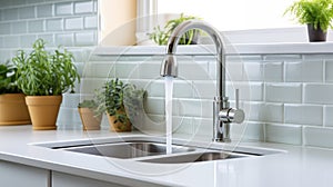 Modern kitchen with white wall tiles, sink and tap with running water on white countertop