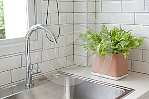 Modern kitchen with white worktop sink
