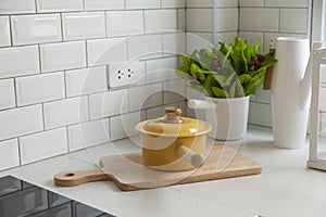 Modern kitchen with white worktop sink