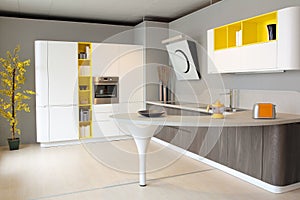 Modern kitchen white and yellow coloured