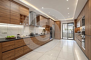 Modern kitchen with wooden cabinets and splashback