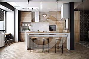 a modern kitchen with wooden flooring and a white counter top with stools and a bar with stools on it and a clock on the wall