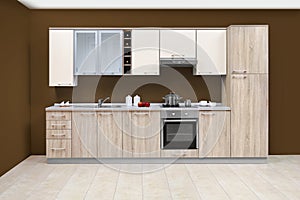 Modern kitchen, wooden furniture, simple and clean