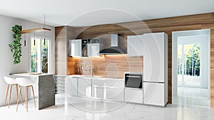 Modern kitchen with wooden wall and white marble floor, minimalistic interior design concept idea, 3D illustration
