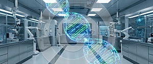 Modern laboratory with DNA strand hologram and advanced medical technology