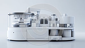 Modern laboratory equipment with transparent sections and various containers, showcasing advanced scientific technology