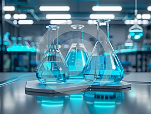 Modern Laboratory with Glassware Scientific Research, Chemistry Lab with Blue Liquid in Beakers, Biotechnology Concept, Futuristic