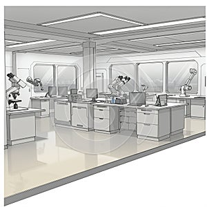 A modern laboratory interior with multiple workstations equipped with microscopes, photo
