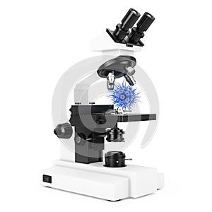 Modern Laboratory Microscope and Blue Virus Cell or Bacteria. 3d Rendering