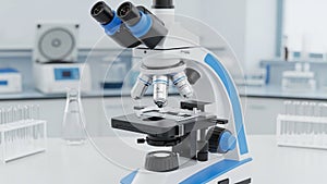 Modern laboratory microscope on table with test tubes in background