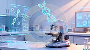 A modern laboratory scene with a microscope on a workbench. AI Image.