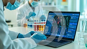 Scientists analyzing data and working in a modern laboratory for virus research and development