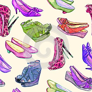 Modern ladies shoes: wedge, slingbacks, stilettos, court shoes and kitten heel, hand painted watercolor illustration photo